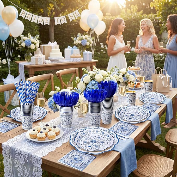 450 Pcs Blue Floral Tableware Set Decorations Blue White Chinoiserie Floral Paper Plates Napkins Cups Cutlery Straws for Vintage Birthday Wedding Bridal Shower Tea Party Supplies, Serves 50