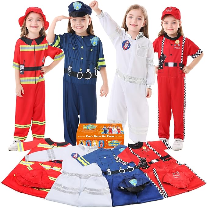 Jeowoqao Dress up Clothes for Little Boys Girls, Kids Dress Up Pretend Play Costumes,Police, Firefighters,Racers,Astronauts Costume for Toddler Age 3 4 5 6 Years Play Gift