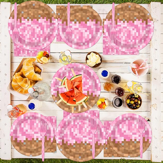 96Pcs Pixel Girl Birthday Plates and Napkins Mining Party Decorations Video Game Paper Tableware Set Pink Pixel Themed Disposable Dinnerware kit for Baby Shower Party Supplies Serve 24