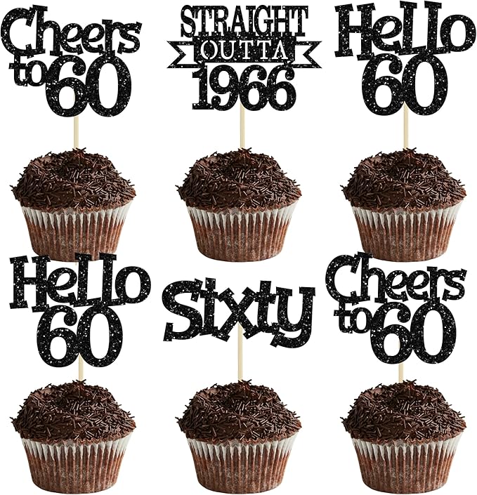 Ephlyn 24Pcs Happy 60th Birthday Cupcake Toppers Glitter Straight Outta 1966 Cupcake Picks Hello 60 Cheers to 60 Years Birthday Cake Decorations for 60th Birthday Anniversary Party Supplies Black