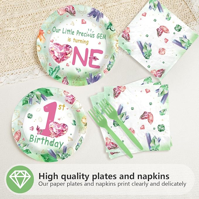96Pcs 1st Birthday Party Supplies Gem Stone Plates and Napkins Our Little Precious Gem is Turning One Green Crystal Jewel Tableware Sets for 1st Birthday Girl Boy One Year Old Party Serve 24