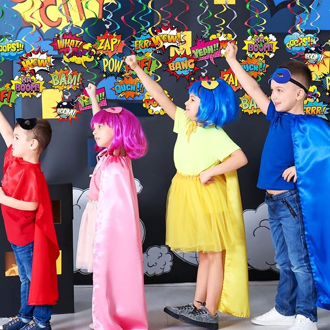 Superhero Hanging Swirls 30 Pack Hero Action Sign Foil Ceiling Hanging Swirls Streams Banner Decor Garland for Kids Superhero Baby Shower Celebrating Events Birthday Party Supplies Room Wall Decor