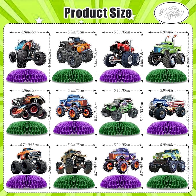 12 PCS Monster Truck Party Table Decorations, Monster Truck Birthday Honeycomb Centerpiece, Racing Car Theme Birthday Decoration for Boys Girls Baby Shower Kids Cake Decorations Party Supplies