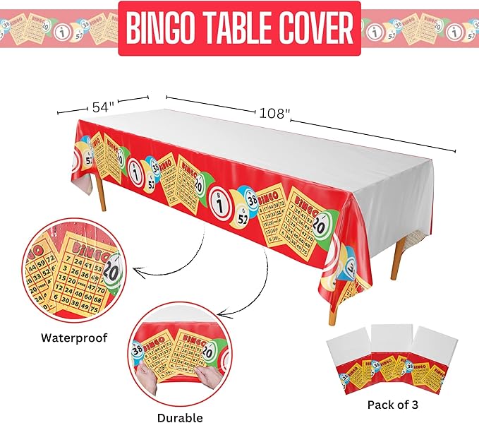 Blue Orchards Bingo Table Covers (Pack of 3) - 54"x108" XL - Bingo Theme Party Supplies, Cards Party, Bingo Table Cloth, Bingo Decorations, Casino Theme Party