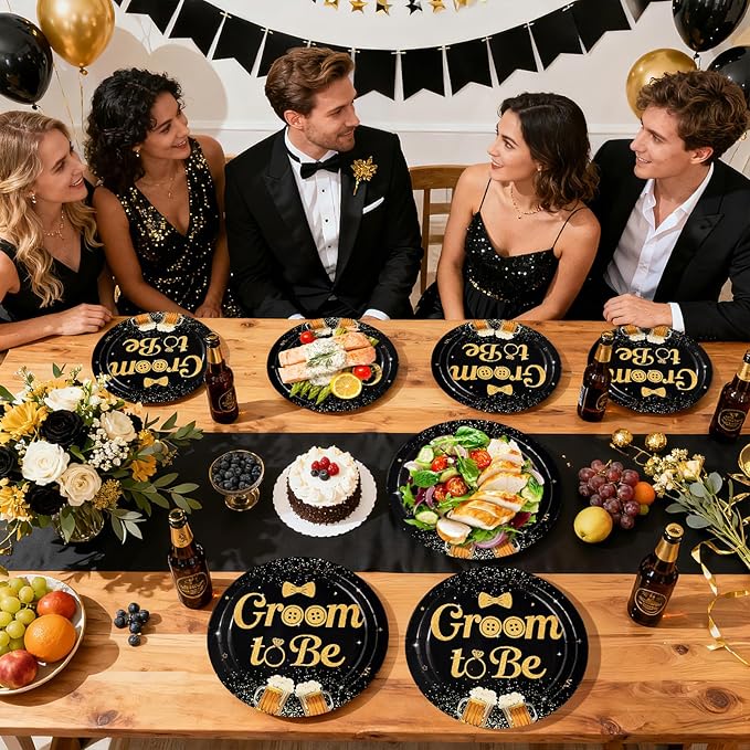 96Pcs Groom to Be Party Supplies Groom Shower Bachelor Plates and Napkins Black Gold Theme Party Disposable Paper Tableware Set for Engagement Wedding Bridal Shower Party Supplies Serves 24
