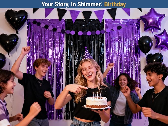 3 Packs Purple Black Foil Fringe Curtains, Birthday Party Decorations Backdrop Tinsel Steamer, Wedding Engagement Bridal Shower Party Decorations Retirement Decor Graduation Party Backdrop