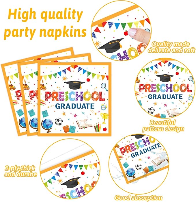 Preschool Graduation Party Supplies Pre-K Grad Tableware Set Kindergarten Graduation Plate Napkin Kindergarten Disposable Paper Dinnerware Kit for Graduate Party decoration Favor 24 Guest (White)