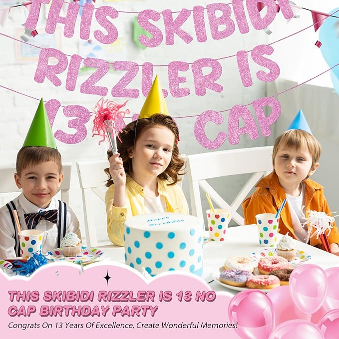 Fulmoon Pre Strung This Skibidi Rizzler Is 13 No Cap Glitter Banner 13th Birthday Party Decorations, Funny Birthday Sign, Party Supplies, Ideas, Gifts(Pink)