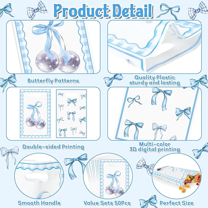 Blue Bow Party Favor Bags - 50Pcs Blue Bow Knot Themed Goody Candy Treat Gifts Bags Party Decorations for Kids Girls Women Birthday Wedding Bridal Shower Supplies