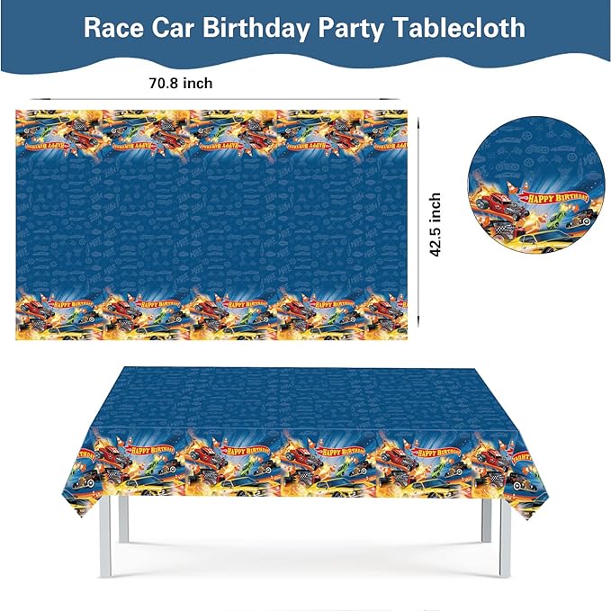 Hot Race Car Themed Party Decorations, Car Wheel Birthday Party Supplies Include Plastic Table Covers(42.5x70.8inch) and Photography Backdrop(59x39inch) for Kids Truck Party Favors