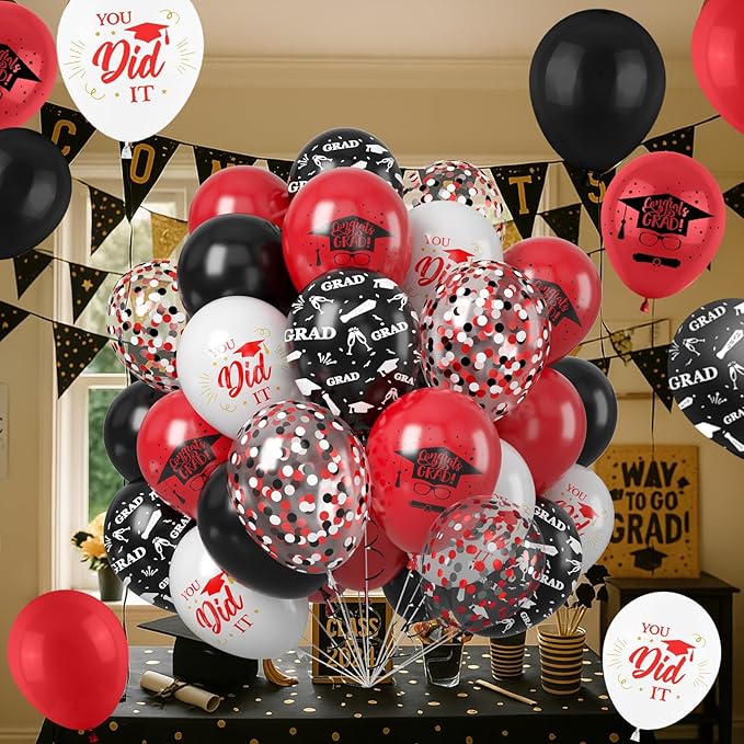 Graduation Party Decorations Balloons Set, 50PCS 12 Inch Black Red White Confetti Party Latex Balloon for Class Of 2025 Graduation Party Decoration Supplies