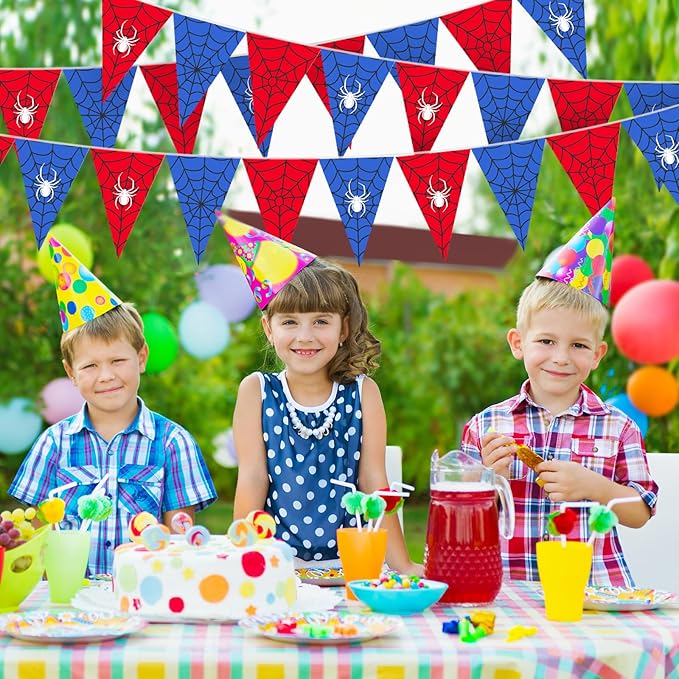 Tiamon 5 Pcs Spider Web Birthday Party Decorations Spider Theme Birthday Triangle 49.2 ft Flag Red Black Blue Pennant Banner Garland Streamer for Baby Shower Cartoon Movie Party Supply