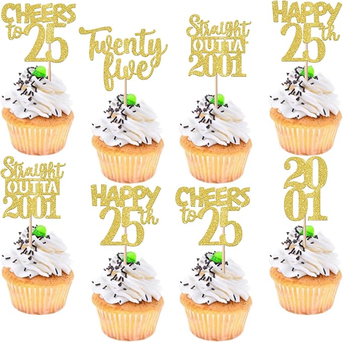 30PCS Straight Outta 2001 Cupcake Toppers Gold Glitter Twenty Five Happy 25th Birthday Cupcake Picks Cheers to 25 Years Cake Decorations for 25th Birthday Anniversary Party Decoration Supplies