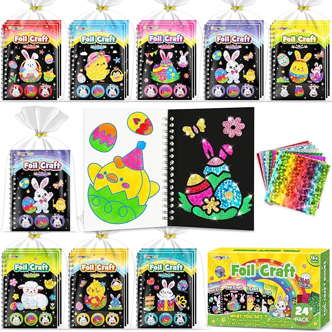 FUNNYB&G Foil Art Party Favors for Kids - 24 Pack Foil Art Crafts Kits Coloring Books, Goodie Bag Stuffers Party Favors for Kids 4-8 8-12, Bulk Easter Classroom Gifts Girls Boys Prizes (Easter)