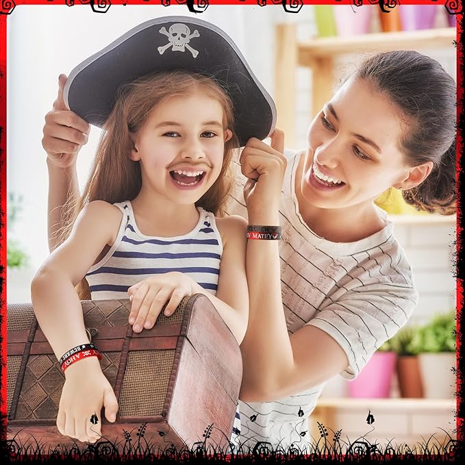 Capoda 24 Pcs Pirate Silicone Bracelets Ahoy Matey Caribbean Rubber Wristbands Skull Pirate Ship Party Favors for Girls Boys Birthday Decorations Halloween Party Supplies
