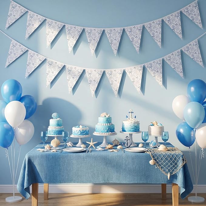 5 Pcs Blue Bow Starfish Seashell Garland Pre Strung Coastal Pennant Banner Ocean Nautical Beach Party Decorations Under The Sea Hanging Garland for Beach Wedding Mermaid Birthday Party