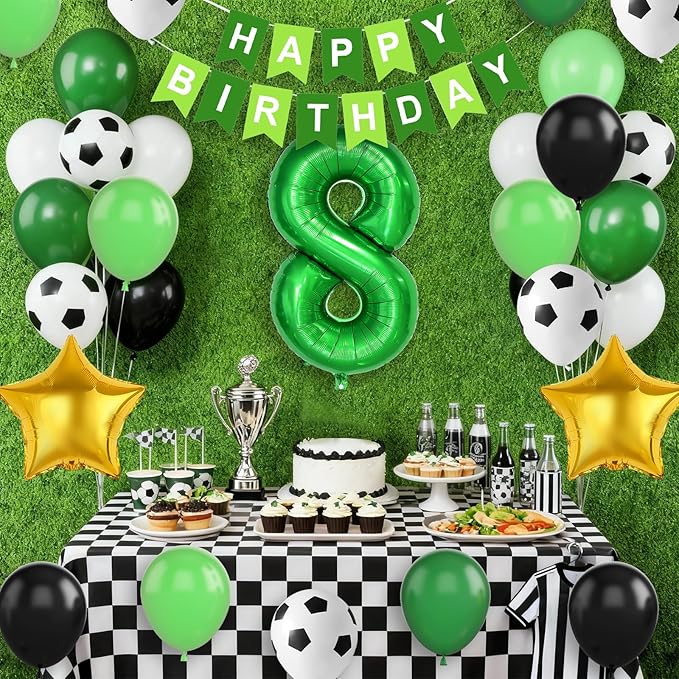 Soccer Party Decorations for Boys, 8th Soccer Birthday Decoration with Green Black White Balloons 'HAPPY BIRTHDAY' Banner Cake Toppers 32in Foil 8 Balloon for Kids Boys Men Birthday Decor