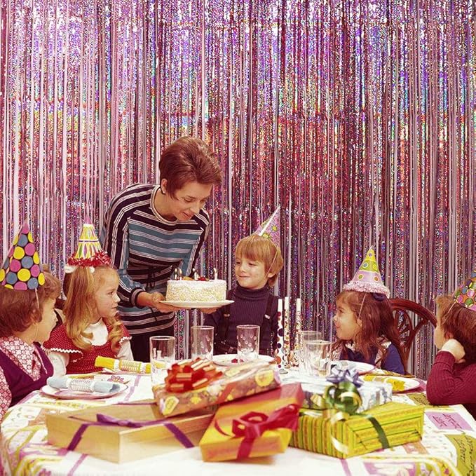 Pink Tinsel Foil Curtain Unicorn Party Supplies Fun Photo Booth Backdrop Props for Baby Shower Wedding Girls Birthday Iridescent Party Decorations(2 Packs, 3.2 * 6.5 Ft)