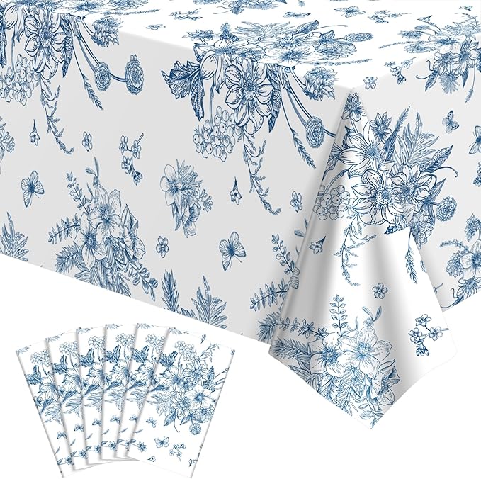 6 Pack Blue Floral Tablecloth, 54 X 108Inch Plastic Tea Party Tablecloths Disposable Vintsage Table Cloths Blue and White Porcelain Tables Decor for Mother's Day Birthday Garden Wedding Tea Party