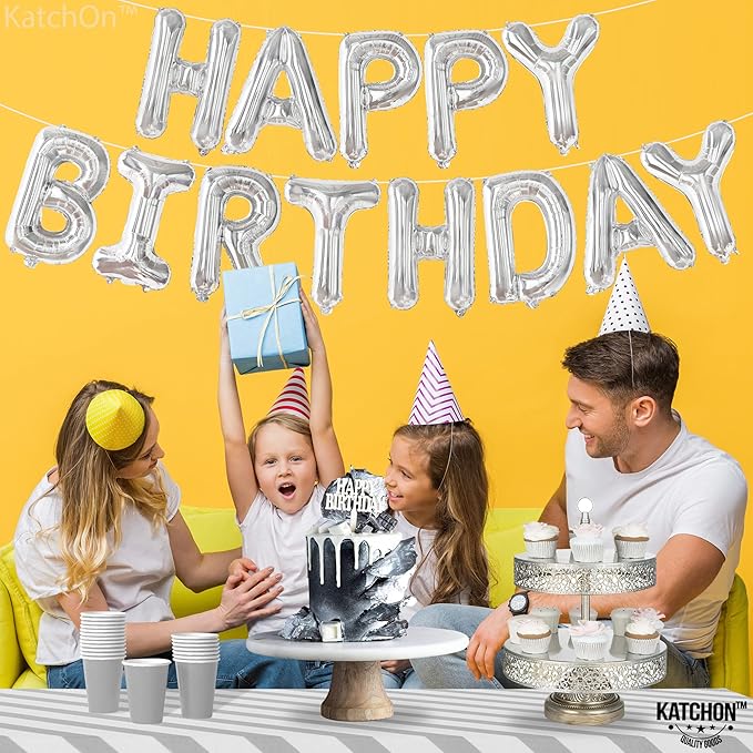 KatchOn, Silver Happy Birthday Banner Balloons Letter - 16 Inch | 3D Silver Mylar Foil Letters Balloons with Ribbon | Happy Birthday Decorations for Women Men Party Supplies