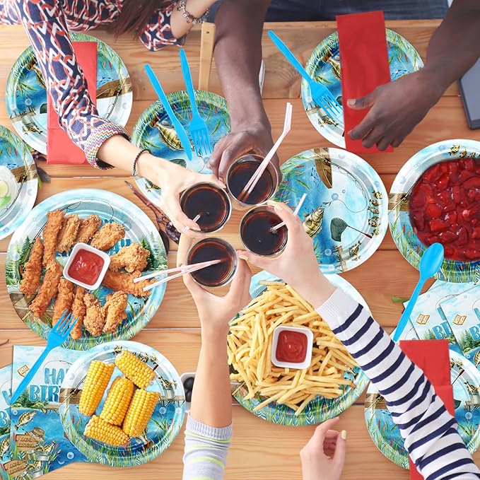 Avezano 192 pcs Fishing Birthday Decorations Fishing Birthday Party Disposable Plates and Napkins Set Fisherman Party Paper Tableware Supplies Serve 24