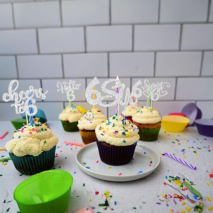 30Pcs 6th Birthday Cupcake Toppers Glitter Six Hello 6 Cupcake Picks Cheers to 6 Years Old Cake Decorations for 6th Birthday Party Supplies Silver