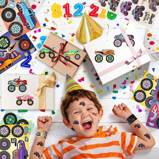 96pcs Truck Party Favors, Car Themed Birthday Party Supplies Including Truck Toys Slap Bracelets Bubble Wands DIY Stickers Painting Kits, Birthday Decorations Classroom Rewards for Kids