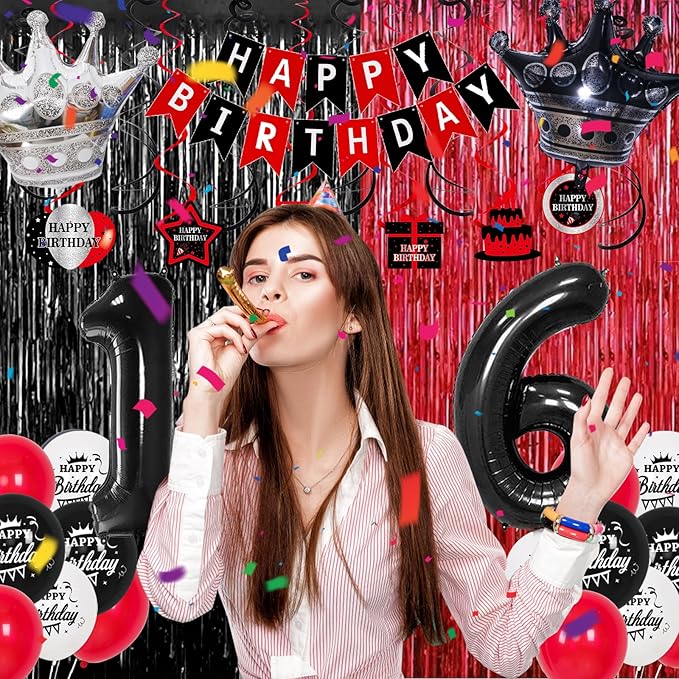 16th Birthday Decorations for Boys and Girls Red Black, Sweet 16 Party Decorations-Happy 16th Birthday Banner Number 16 Balloon Foil Crown Balloon Hanging Swirls Fringe Curtains Tablecloth