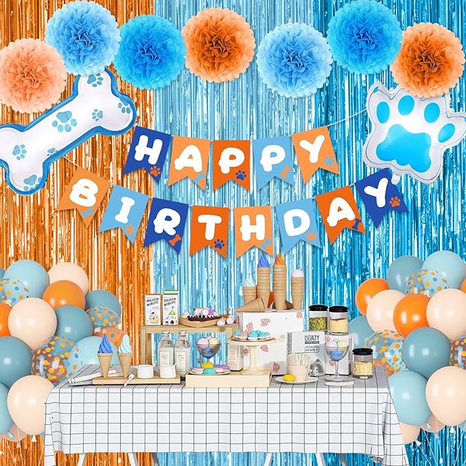 Ouddy Life Blue and Orange Party Decorations, Dusty Pastel Blue Boy Birthday Supplies Confetti Balloons Banner Dog Paw Bone Foil Paper Pompoms Fringe Curtain for Girls Kids Baby Shower Boho Decor