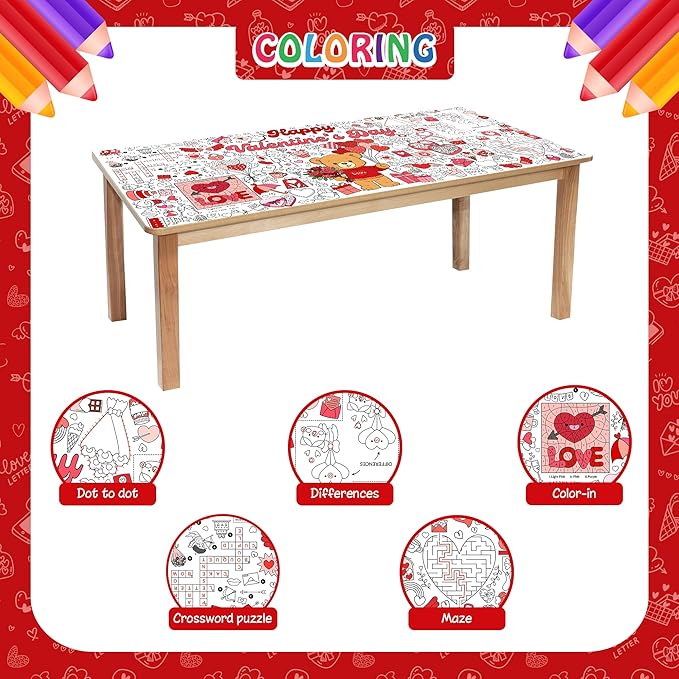 Valentine Coloring Tablecloth, Giant 30x72 Inch Poster with Bear, Hearts and Love Designs, Valentine’s Day Party Activities, Classroom Decorations, Party Supplies and Favors