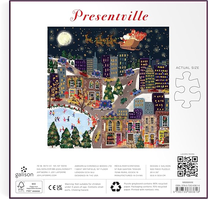Galison Presentville 500 Piece Holiday Foil Puzzle Featuring Beautiful Artwork of A Cozy and Festive City Scene by Joy Laforme
