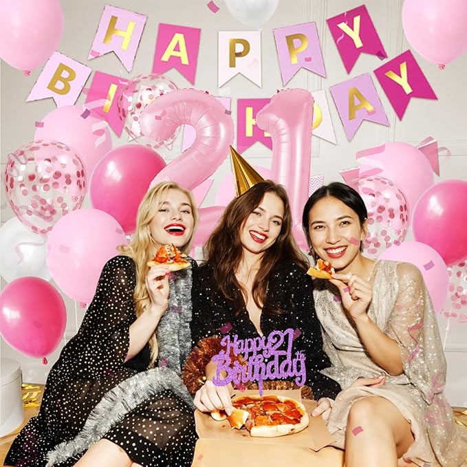 21st Birthday Decorations For Her, Pink Happy Birthday Party Decorations With Pink Confetti Hot Pink Balloons Number 21 Balloons Fringe Curtain Triangle Flag Banner Cake Topper For 21st Party Supplies