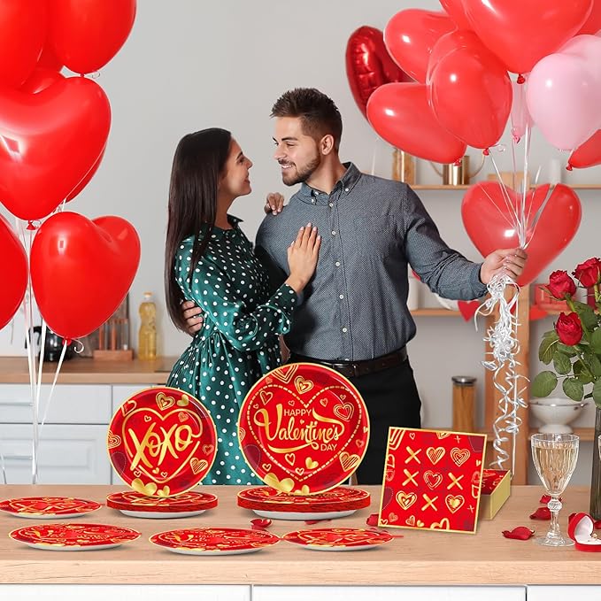 gisgfim 96 Pcs Valentine's Day Party Plates and Napkins Party Supplies Valentines Day Party Tableware Set Red and Gold Party Decorations Favors for Girls Boys Birthday Baby Shower Serves 24