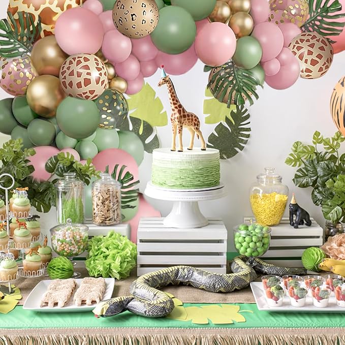 Jungle Safari Balloons Garland Arch Kit ，Animal Printed Pink Sage Green Balloons Wild One Giraffe Leopard Safari Decorations for Birthday Baby Shower Party Supplies