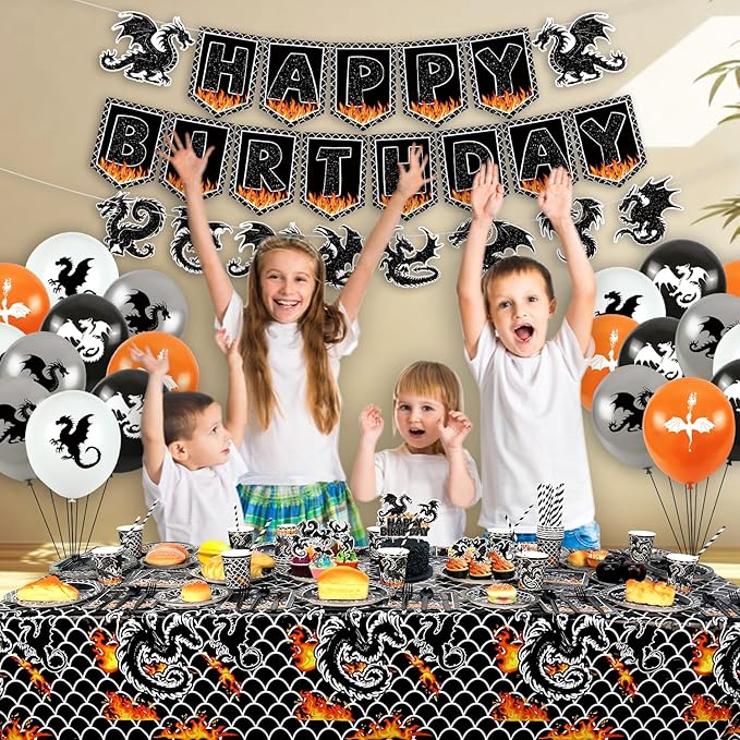 Dragon Birthday Party Decoration ,Including Happy Birthday Party Banner, Dinner Plates, Dessert Plates, Cups, Napkins, Tablecloth, Balloons, Straws, for Dragon Theme Party Supplies 20 Guest (A)