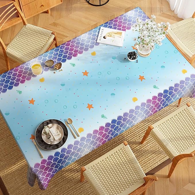 Mermaid Tablecloth 54×108 in, Under The Sea Plastic Table Cloth, Ocean Table Cover with Colorful Fish Scales, Starfish and Seashell, Disposable Plastic Party Tables Decor