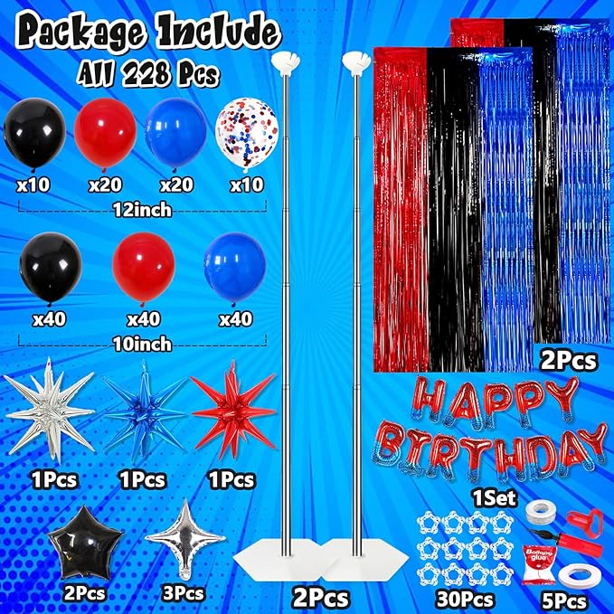 Spider Balloons Birthday Party Decorations Supplies Kids, Superhero Banner Themed Backdrop Balloon Column Arch Garland Party Decor Kit for Boy -228Pcs