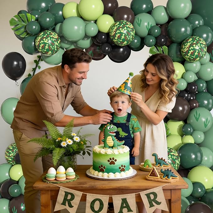 170Pcs Dinosaur Balloons Garland Arch Kit, Hunter Sage Green Brown Black Light Green Paw Printed Balloons for Kids Boys Dinosaur Birthday Jungle Safari Three Rex Dino Party Decorations Supplies