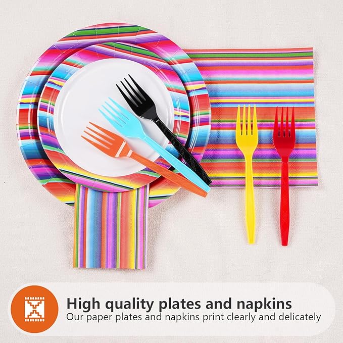 96 Pcs Mexican Fiesta Party Supplies Colorful Stripes Mexican Plates and Napkins Disposable Fiesta Tableware Set for Cinco De Mayo Dance Pinata Taco Carnival Mexican Theme Party Decorations Serves 24