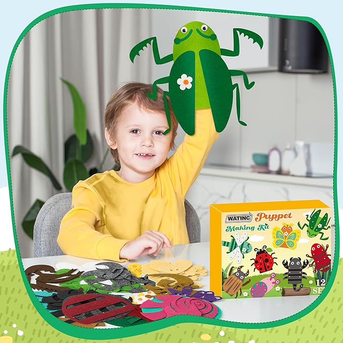 WATINC 12 Pcs Hand Puppet Making Kit, Art Craft Felt Sock Puppet Toys, Creative DIY Make Your Own Pompoms Wiggle Googly Eyes Storytelling Role Play Party Supplies Gift for Girls Boys (Insect Animals)