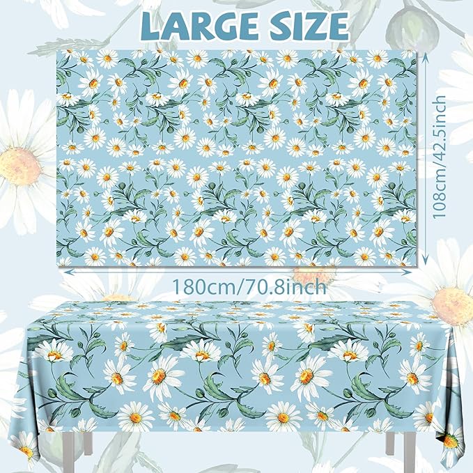 Spring Daisy Flower Tablecloth,3pcs Blue Flower Table Covers Plastic Rectangle Tablecloth for Retro Theme Daisy Birthday Party Decor
