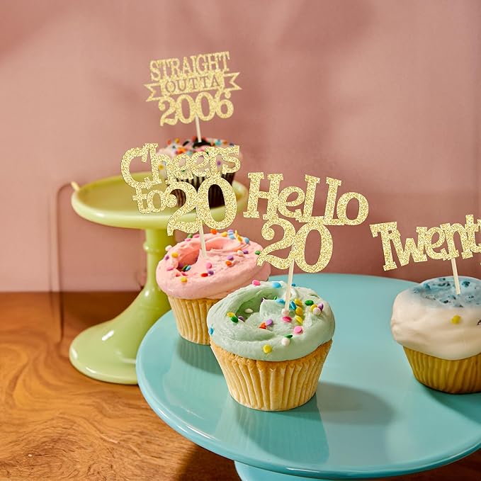 Ephlyn 24Pcs Happy 20th Birthday Cupcake Toppers Glitter Straight Outta 2006 Cupcake Picks Hello 20 Cheers to 20 Years Cake Decorations for 20th Birthday Anniversary Party Decorations Supplies Gold