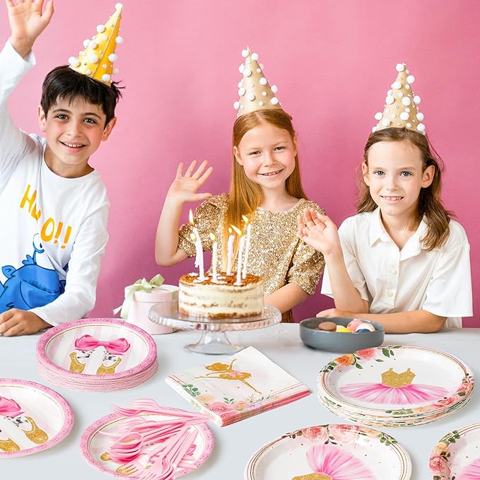 96Pcs Ballerina Ballet Dancing Girl Party Plates Supplies Tableware Decorations Disposable Paper Plates Napkins Forks for Kids Birthday Baby Shower, Serves 24