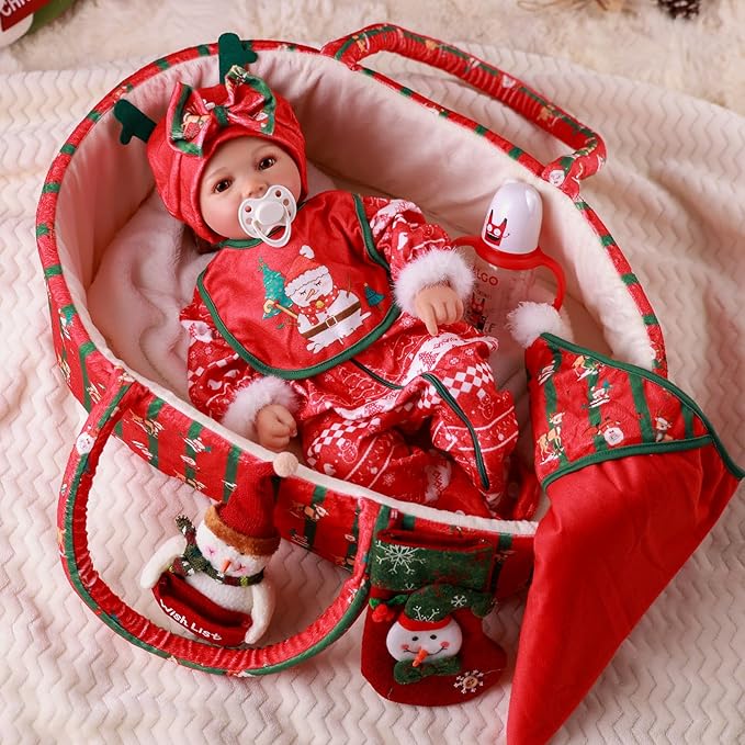 BABESIDE Reborn Baby Doll Clothes Set with Bassinet – 9 Pcs Christmas Reborn Baby Doll Accessories & Clothes with Bottle and Socks for 17-22 Inch Realistic Dolls for Girls