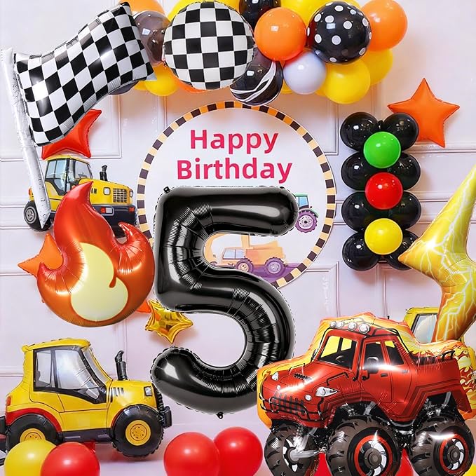 Truck Number 5 Balloons, Huge Truck Flags Lightning Flame Stars Aluminum Foil Balloons for 5th Birthday, Race Car Theme Party Decorations Supplies