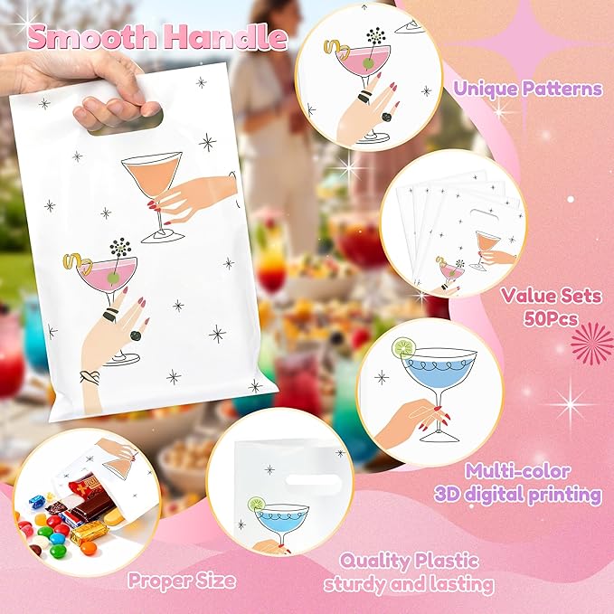 Martini Party Favor Bag - 50Pcs Martini Bachelorette Goody Candy Treat Gift Bags with Handles, White Theme Birthday Decorations for Women Girl Bar Engagement Bridal Shower Party Supplies