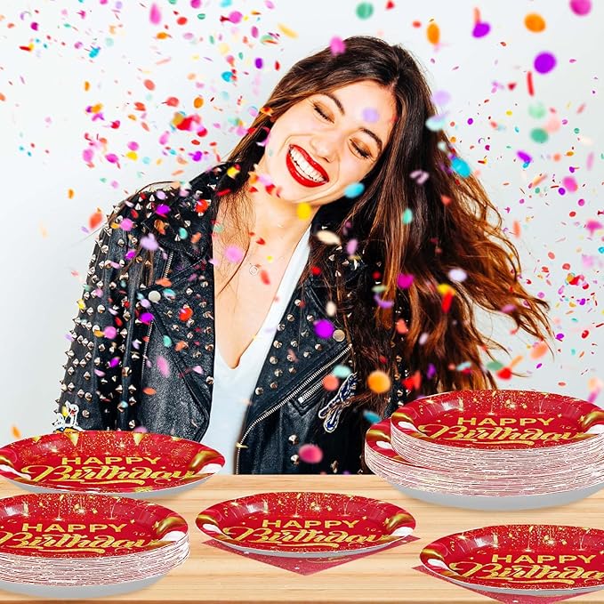 Grencian 96PCS Red and Gold Happy Birthday Decorations Red Gold Party Plates and Napkins Disposable Paper Tableware Set for Birthday Chinese New Year Wedding Party Supplies, Serves 24