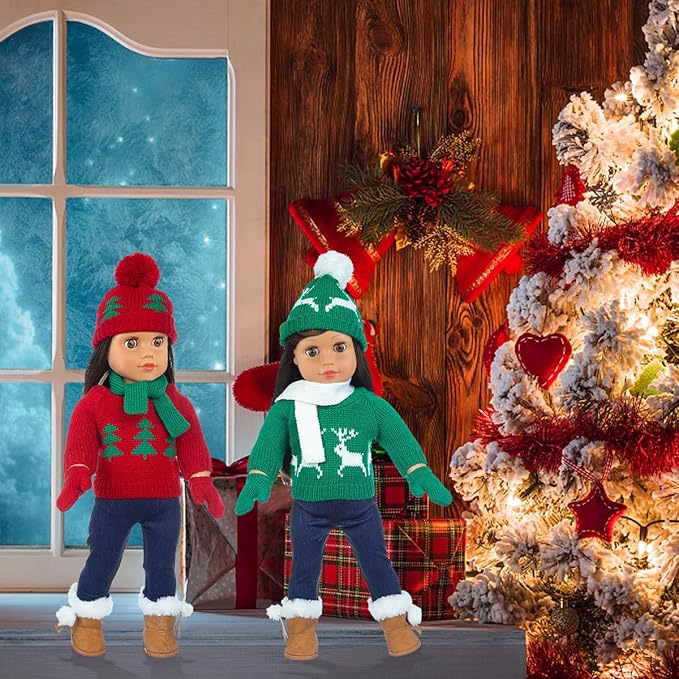 Ecore Fun 2 Sets American 18 Inch Doll Clothes Winter Christmas Outfit and Accessories Including Sweaters Trousers Hats and Scarfs