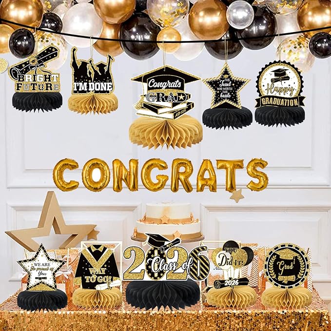 10PCS Graduation Party Decorations Class of 2026 Congrats Grad Table Centerpieces Congratulate Graduation Honeycomb Table Toppers for Graduation Party Supplies(Black Gold)