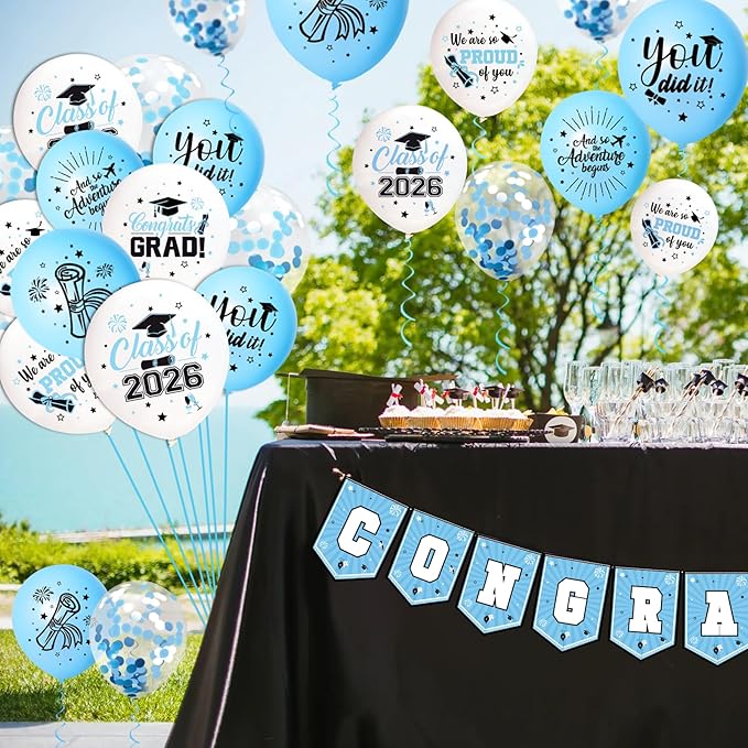 75Pcs Light Blue Graduation Balloons Decorations Class of 2026 Graduation Party Supplies with Grad Balloon Ribbons for Grad Party Decoration